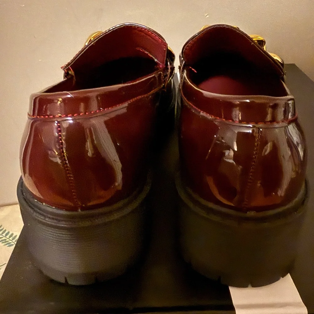 Women’s Patent Leather Chain-Accent Loafers in burgundy - Picture 3 of 6